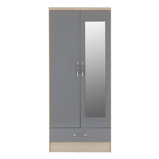 CHOICEWARDROBE Modara Grey Gloss & Oak 2 Door 1 Drawer Wardrobe with Mirror – Modern Bedroom Storage
