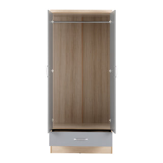 CHOICEWARDROBE Modara Grey Gloss & Oak 2 Door 1 Drawer Wardrobe with Mirror – Modern Bedroom Storage