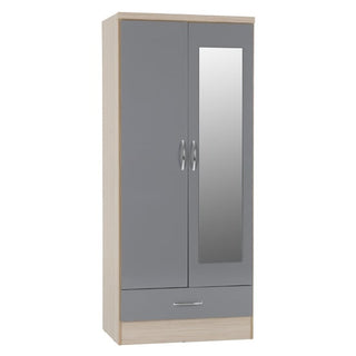 CHOICEWARDROBE Modara Grey Gloss & Oak 2 Door 1 Drawer Wardrobe with Mirror – Modern Bedroom Storage