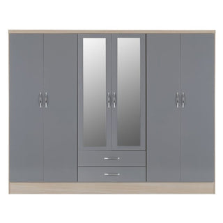 CHOICEWARDROBE Modara Grey High Gloss 6 Door Wardrobe with Mirrors & Drawers – 230cm Wide
