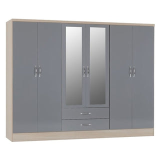 CHOICEWARDROBE Modara Grey High Gloss 6 Door Wardrobe with Mirrors & Drawers – 230cm Wide