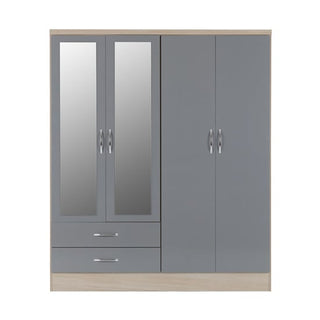 CHOICEWARDROBE Modara Grey Gloss 4 Door 2 Drawer Mirrored Wardrobe – Modern Bedroom Storage Solution