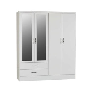 CHOICEWARDROBE Modara White 4 Door Wardrobe with 2 Drawers & Twin Full-Length Mirrors – Modern Bedroom Storage