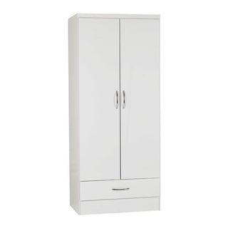 CHOICEWARDROBE Modara White Gloss 2 Door 1 Drawer Wardrobe – Modern Compact Bedroom Storage