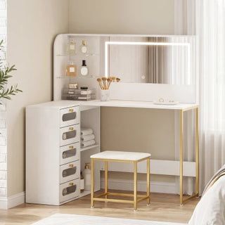 Lumi L-Shaped Dressing Table with LED Mirror and Stool – White