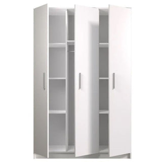 Contemporary hinged wardrobe in white and oak, shown open to reveal smart interior compartments — a clean, modern furniture design.