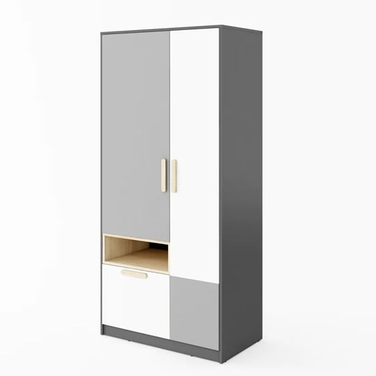 Pearl Kids two-door graphite wooden wardrobe with open shelf and drawer