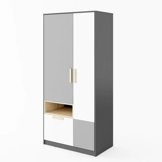 The Pearl Kids Wooden Wardrobe With 2 Doors In Graphite features a sleek grey and white finish, light wood handles, a central open shelf, and a bottom drawer. It is shown on a plain white background.