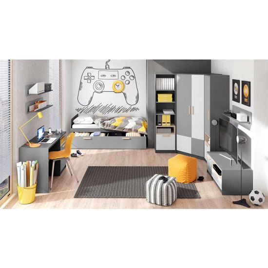 Pearl Kids 2-door wooden wardrobe in graphite grey and matt white.