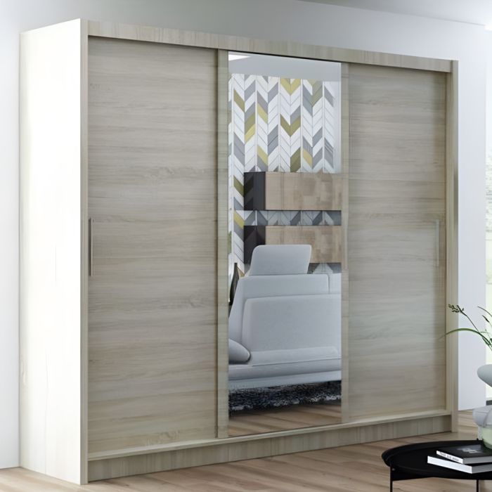 Sydney 250cm 3-Door Mirrored Sliding Wardrobe with 2 Drawers in Light Wood