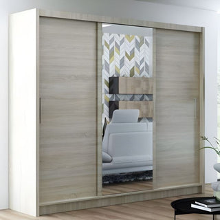 Sydney 250cm 3-Door Mirrored Sliding Wardrobe with 2 Drawers in Light Wood