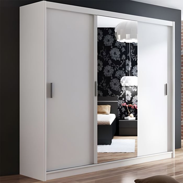Sydney 250cm 3-Door Mirrored Sliding Wardrobe with 2 Drawers in White