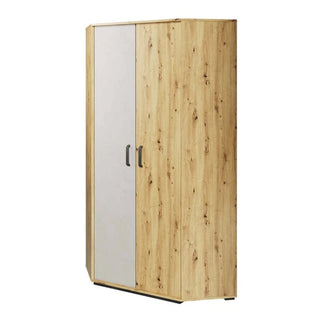 The Quincy Kids Wooden Wardrobe Corner features an artisan oak finish, two doors (one solid wood, one with a light panel), and two dark handles, blending simple, modern design perfect for any room.