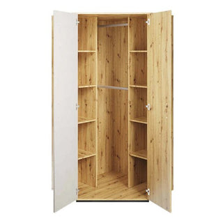 The Quincy Kids Wooden Wardrobe Corner With 2 Doors In Artisan Oak features white doors, an artisan oak-patterned interior, multiple shelves on each side, and a central metal hanging rod—perfect for organized storage in any corner.