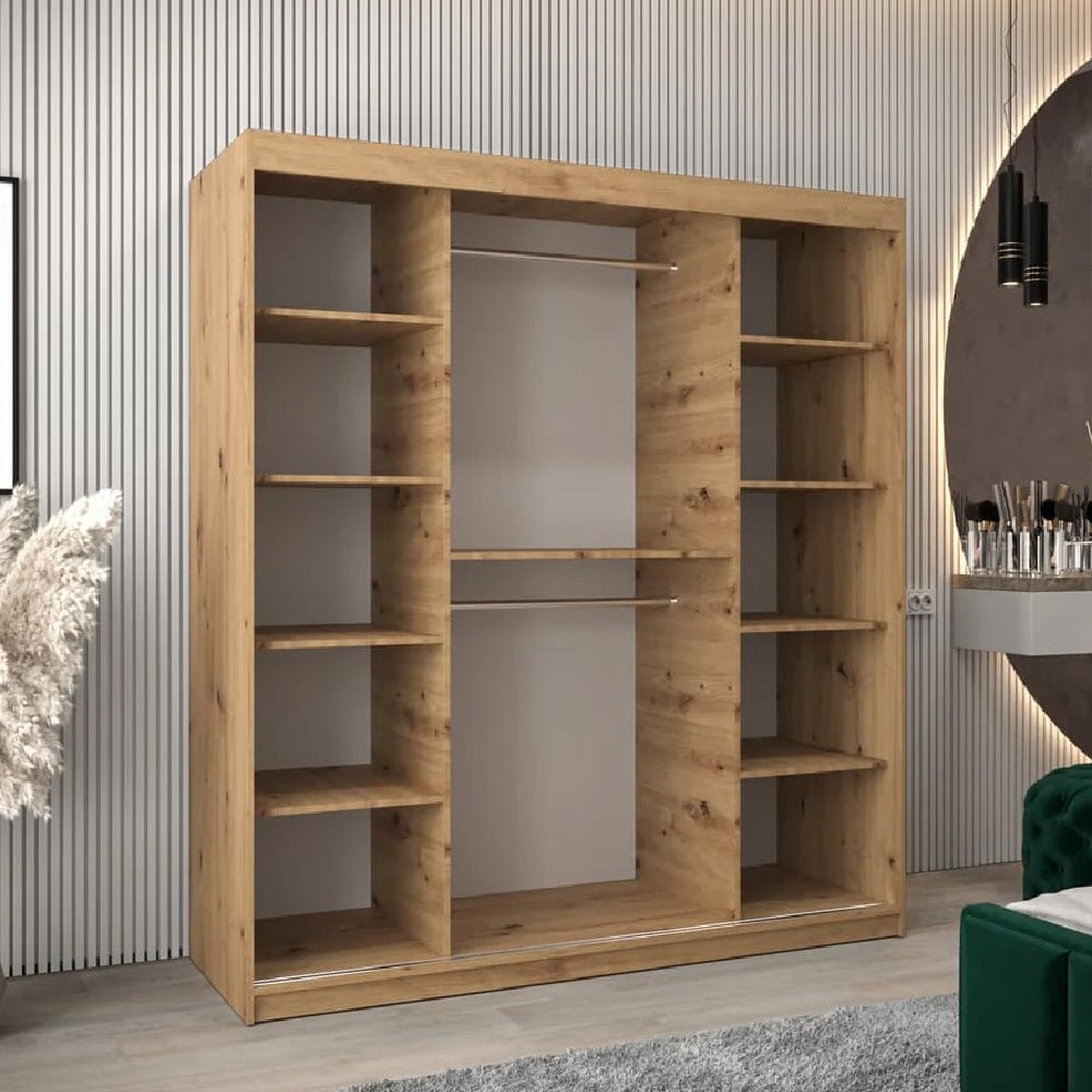 Oak Artisan sliding door wardrobe with mirrored centre panel and open shelving.