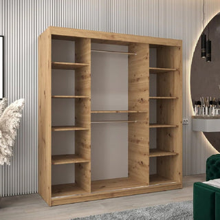 Oak Artisan sliding door wardrobe with mirrored centre panel and open shelving.