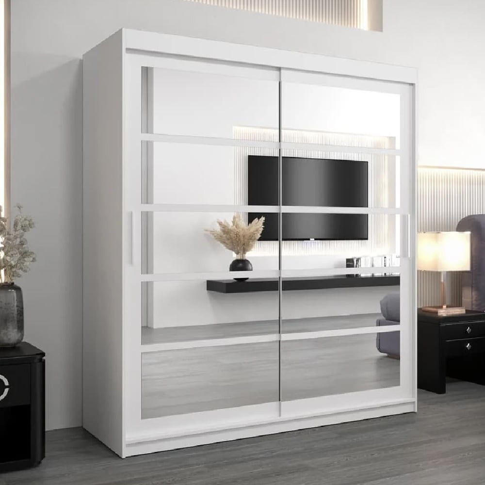 Reston white mirrored wardrobe with 2 sliding doors reflecting a modern bedroom interior.