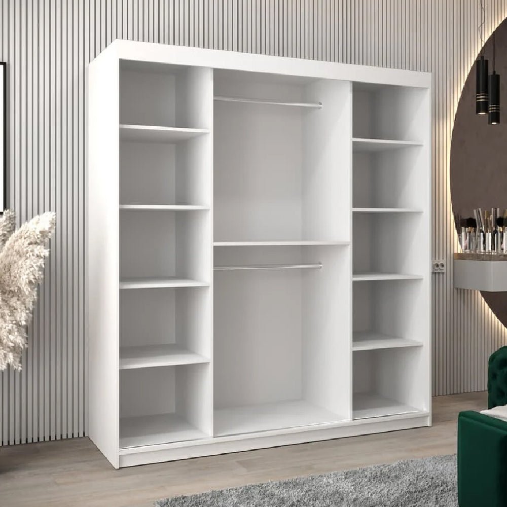 White sliding door wardrobe with visible shelves and hanging rails