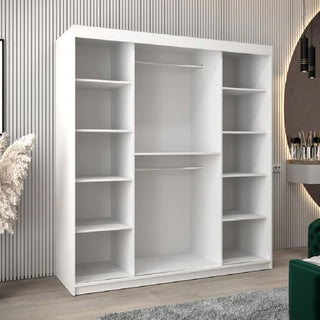 The Reston Mirrored Wardrobe with 2 sliding doors in white stands against a vertically lined wall, offering shelves, hanging rods, modern design, and extra style for any contemporary room.
