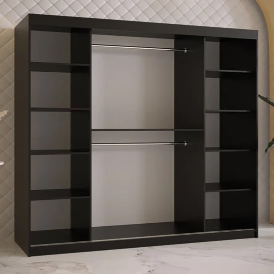 RIETI II black 200cm wardrobe with 2 mirrored sliding doors and 9 shelves.