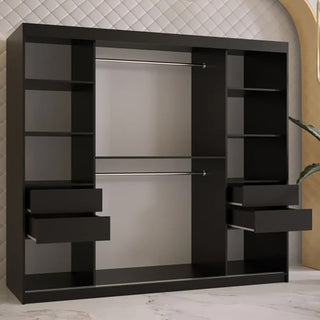 The Rieti II Mirrored Wardrobe, 200cm in black, features open shelves, four drawers (two per side), and two center hanging rods. Its sleek sliding doors and modern design add style and function to any room.