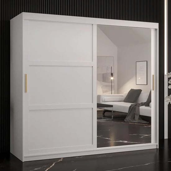 CHOICEWARDROBE Rieti II 2-door sliding wardrobe, white finish with gold handles and one mirrored door.