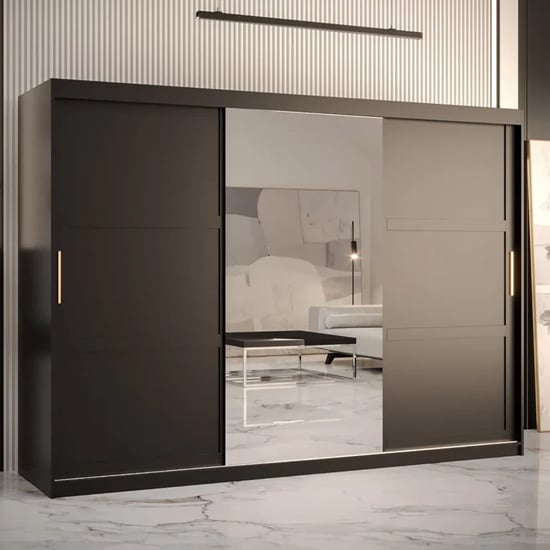 Rieti II 250cm black sliding door wardrobe with 3 doors and 1 mirrored panel