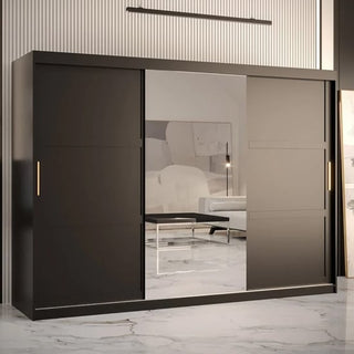 The Rieti II Mirrored Wardrobe 2 Sliding Doors 250cm in Black features a full-length mirrored panel, enhancing your modern bedroom by stylishly reflecting the bed and decor while standing on a white marble floor.