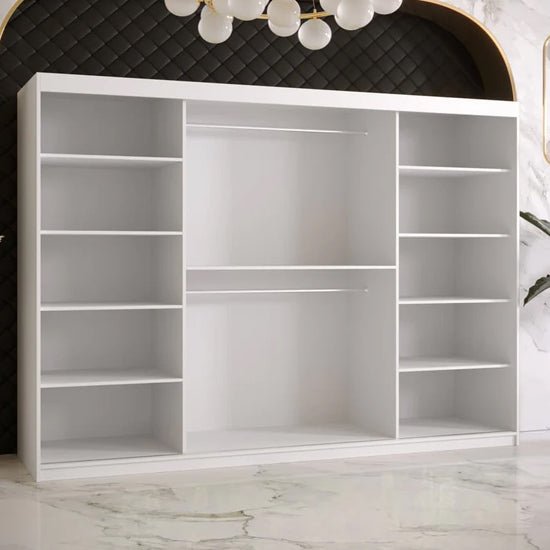 CHOICEWARDROBE Rieti II 250cm white sliding door wardrobe with mirrored panels and internal shelves and rails.