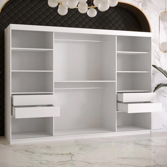 CHOICEWARDROBE Rieti II 250cm white mirrored sliding wardrobe with 2 doors, internal shelves and hanging rails.