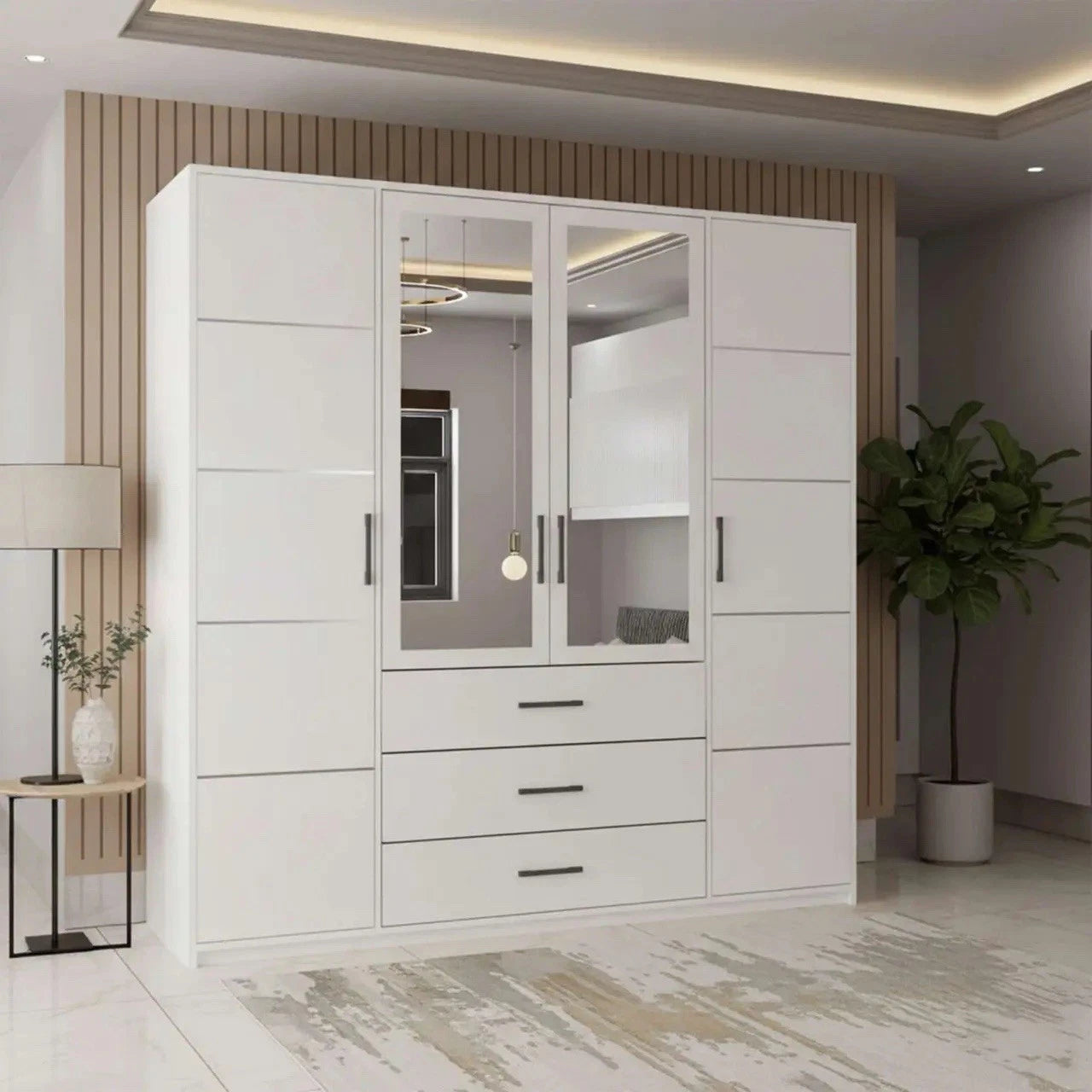 CHOICEWARDROBE SAVELLA 200 white 4 door mirrored wardrobe with 3 drawers