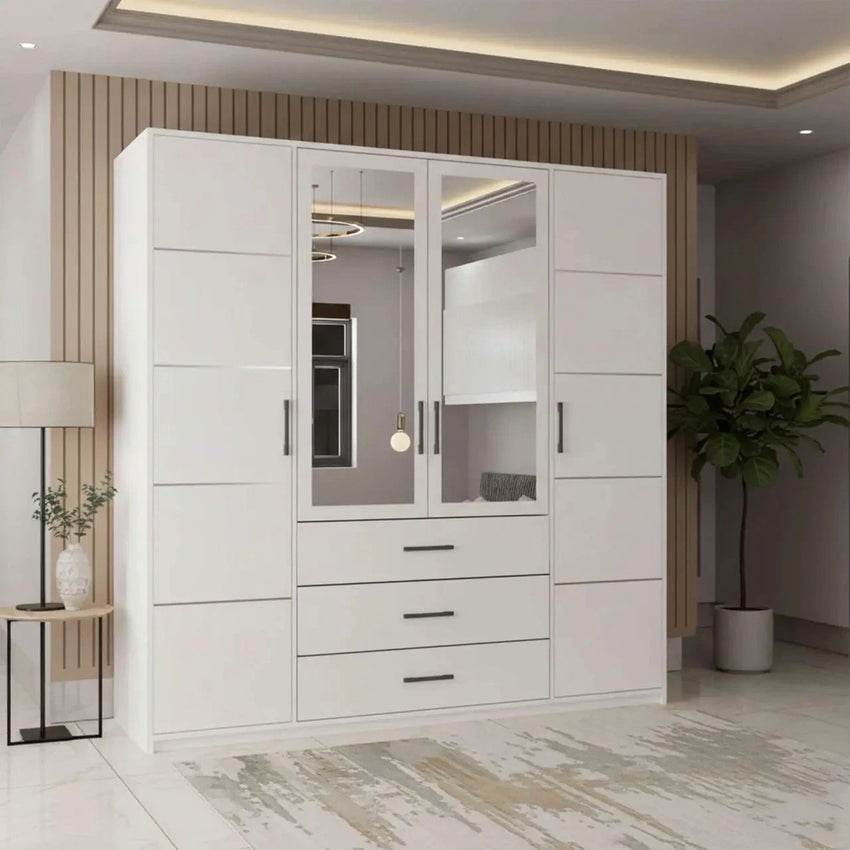 CHOICEWARDROBE SAVELLA 200 white 4 door mirrored wardrobe with 3 drawers