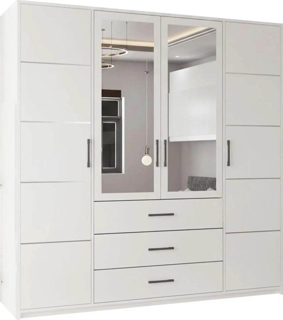 White 4 door mirrored wardrobe with 3 drawers