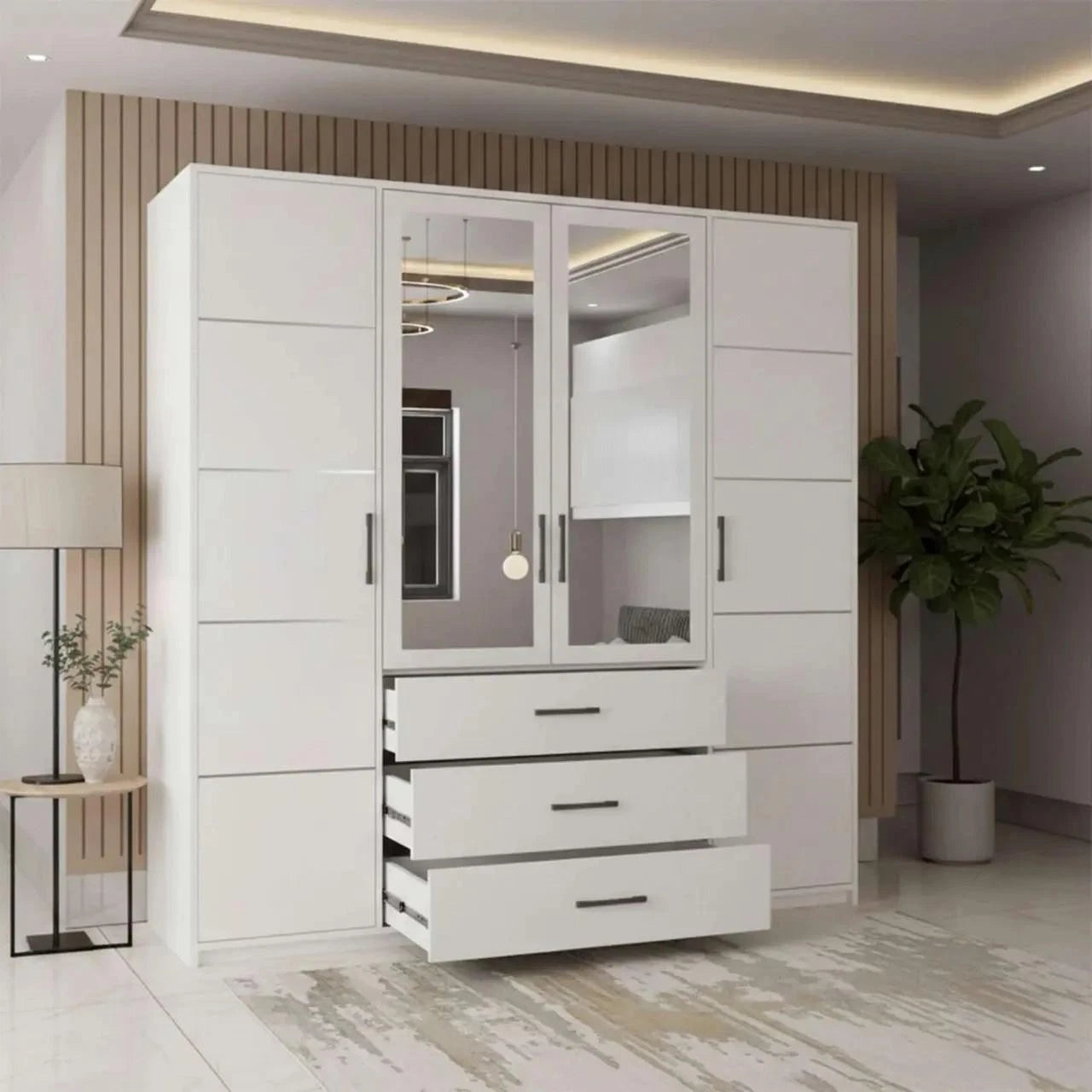CHOICEWARDROBE white 4 door mirrored wardrobe with 3 visible drawers