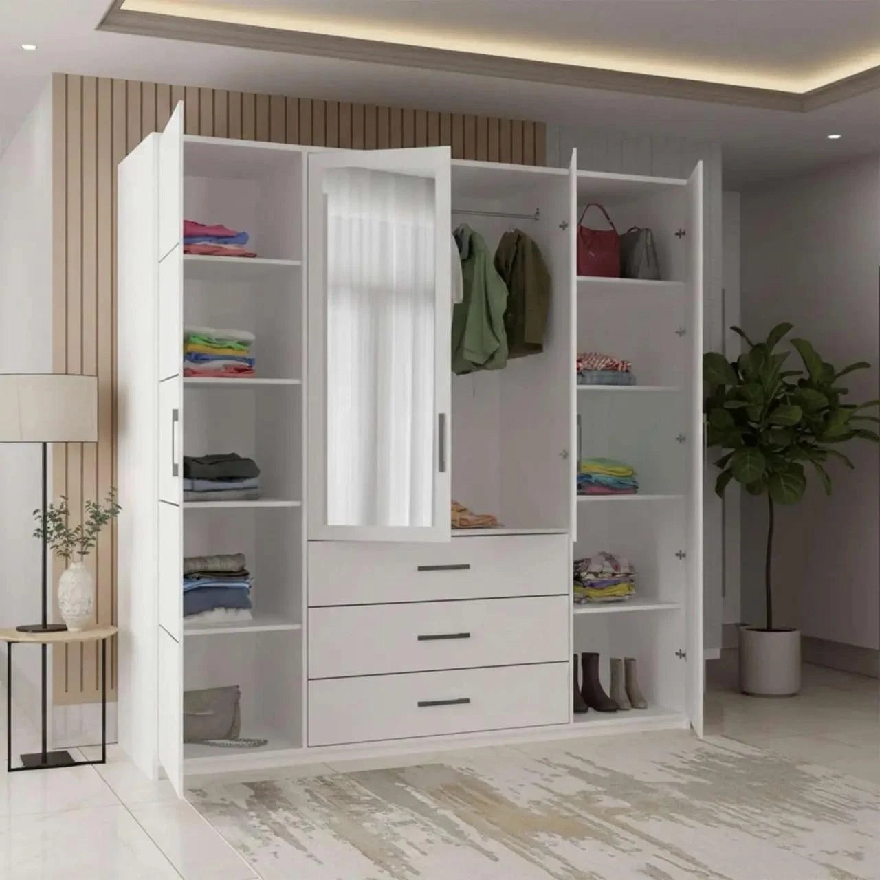 White 4-door mirrored wardrobe with 3 drawers
