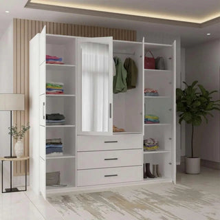 White 4-door mirrored wardrobe with 3 drawers
