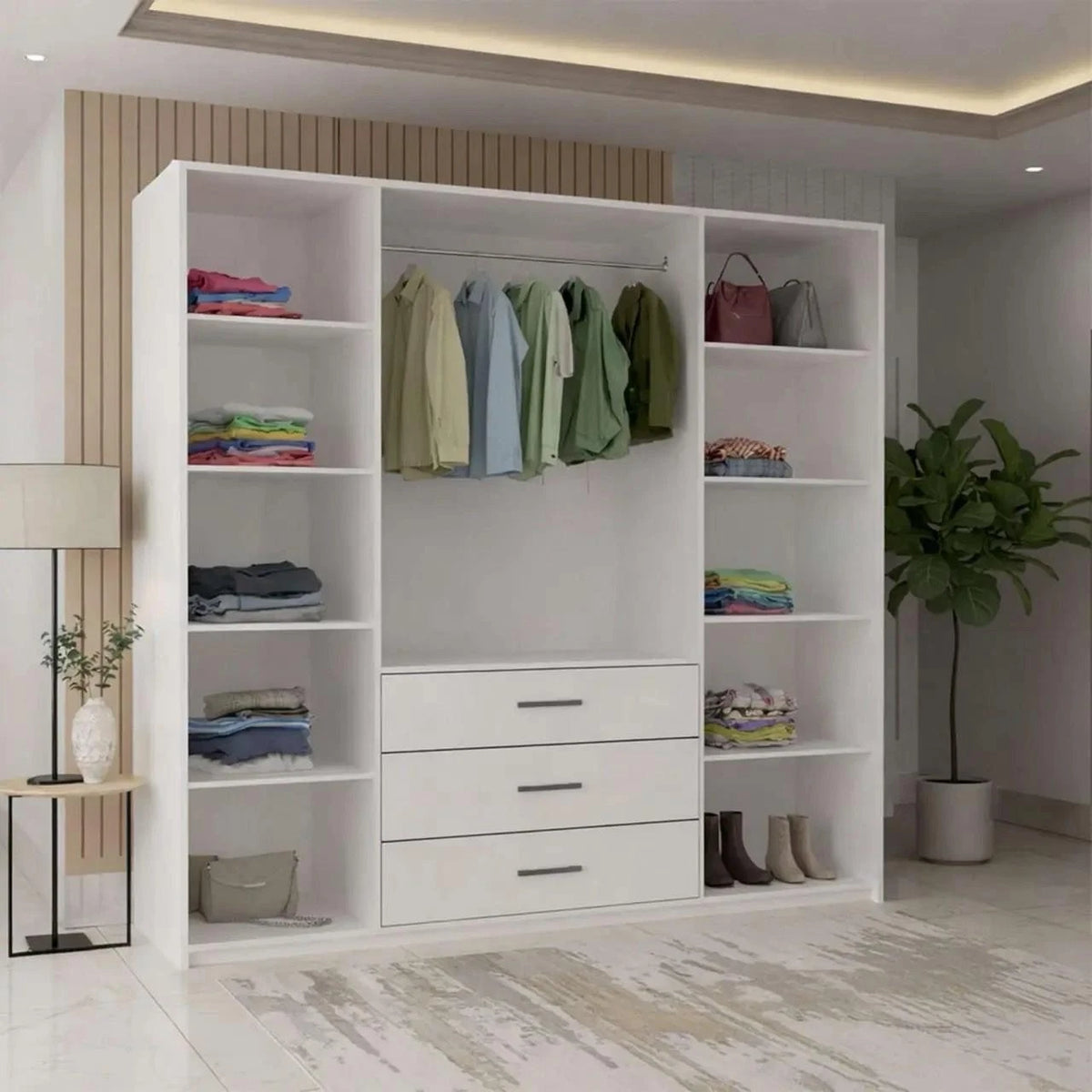 White 4 door wardrobe with 3 drawers and internal shelves and hanging rail