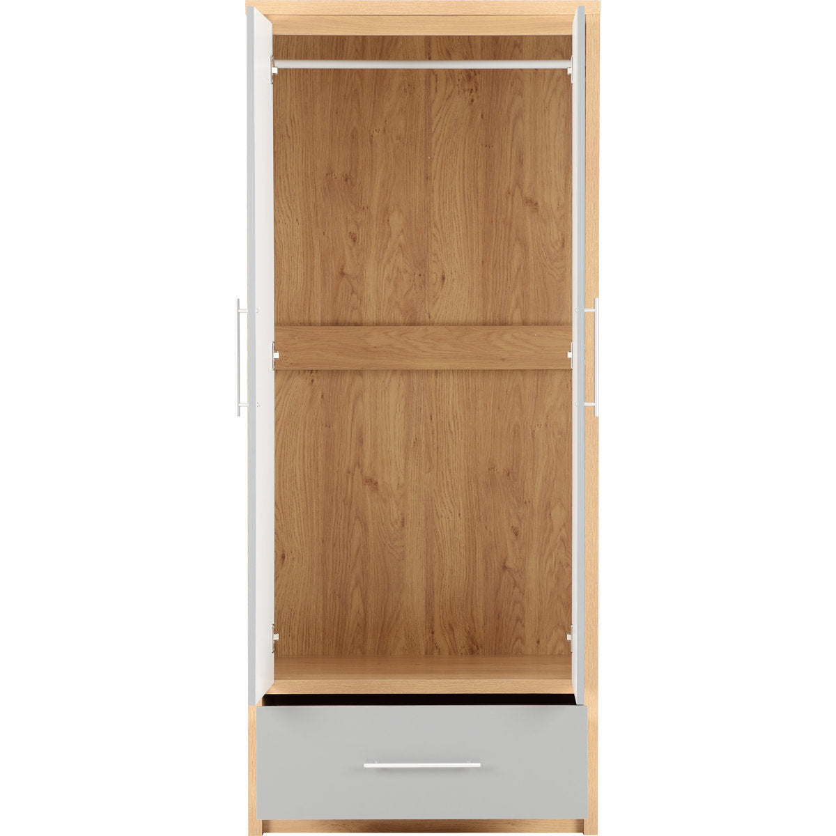 Samaira 2 Door 1 Drawer Wardrobe – 76 cm, Grey Gloss Front with Oak Effect Frame, Compact Bedroom Storage – product image 8