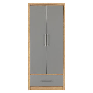 CHOICEWARDROBE Samaira 2 Door 1 Drawer Wardrobe – 76 cm, Grey Gloss Front with Oak Effect Frame, Compact Bedroom Storage
