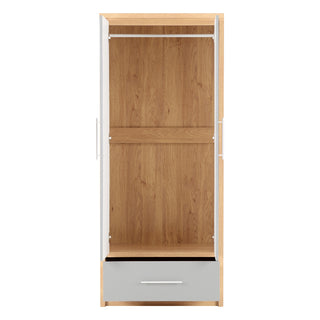 CHOICEWARDROBE Samaira 2 Door 1 Drawer Wardrobe – 76 cm, Grey Gloss Front with Oak Effect Frame, Compact Bedroom Storage