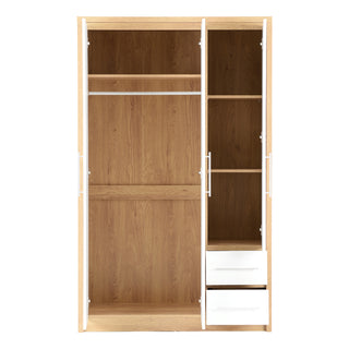 CHOICEWARDROBE Samaira 3 Door 2 Drawer Wardrobe – 111cm, White Gloss Front with Oak Effect Frame, Contemporary Bedroom Storage