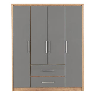 CHOICEWARDROBE Samaira 4 Door 2 Drawer Wardrobe – 150cm Grey Gloss Front with Oak Effect Frame, Hanging Rail & Drawer Storage Solution