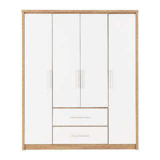 CHOICEWARDROBE Samaira 4 Door 2 Drawer Wardrobe – 150cm White Gloss Front with Oak Effect Frame, Hanging Rail & Drawer Storage Solution