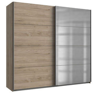 The AMBER 2 Door Mirrored Wardrobe Oak 225cm is a modern rectangular wardrobe with two sliding doors—one in oak grain, the other mirrored—adding sleek, contemporary style and clean lines to your bedroom furniture collection.