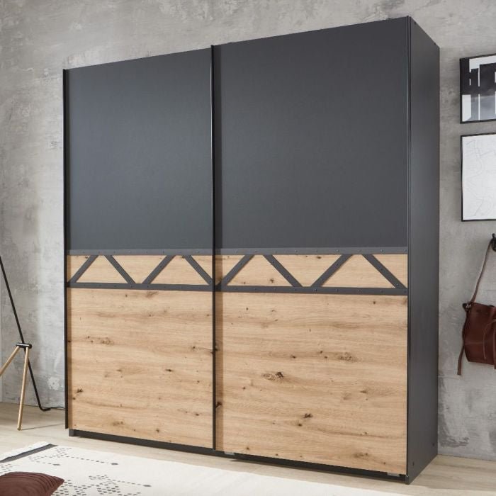 ANDORRA 180cm 2-door sliding wardrobe in graphite and oak with geometric lattice detail.
