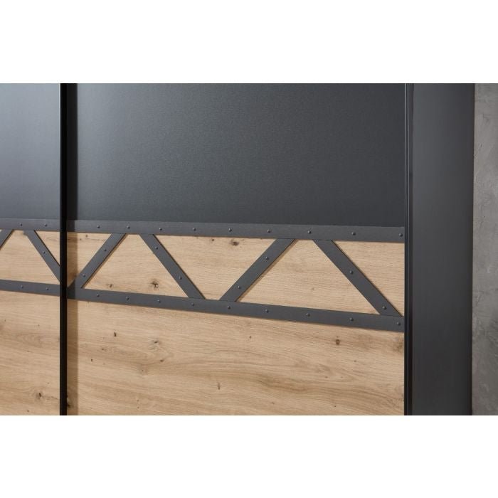 ANDORRA 2-door sliding wardrobe in graphite and oak with dark metal geometric lattice detail.