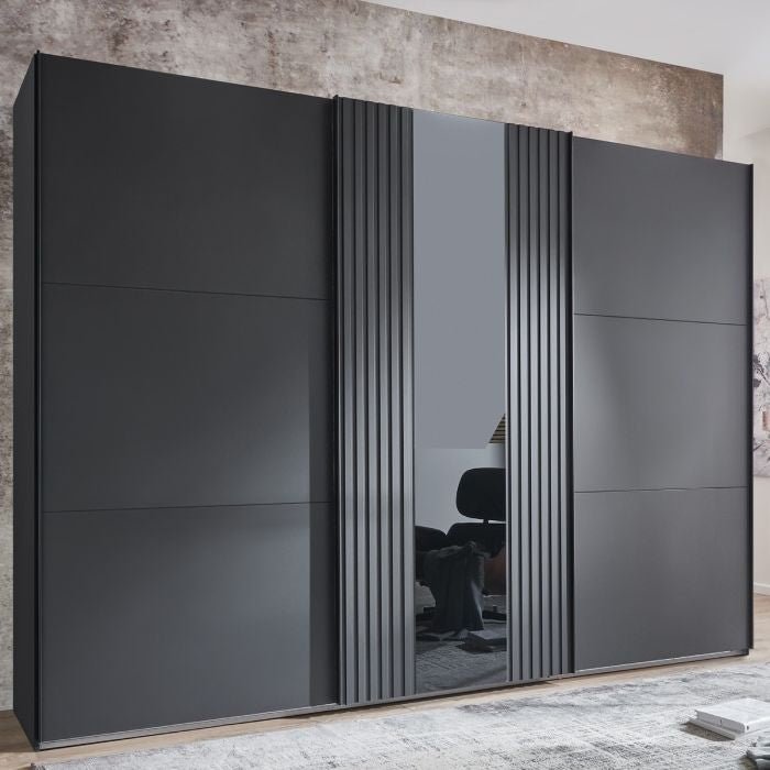 Grey 3-door Atlantic sliding door wardrobe with central mirror panel and metal handles.