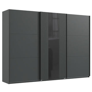 The ATLANTIC 3 Door Sliding Wardrobe in black (300cm) features a sleek, minimalist design with metal handles, a center door with vertical ridges, and smooth outer doors—adding modern style to any room.