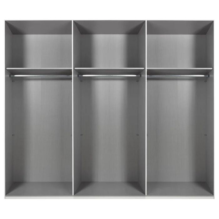 Grey 3-door wardrobe with hanging rails and shelf, centre mirror door. "Atlantic 300cm"