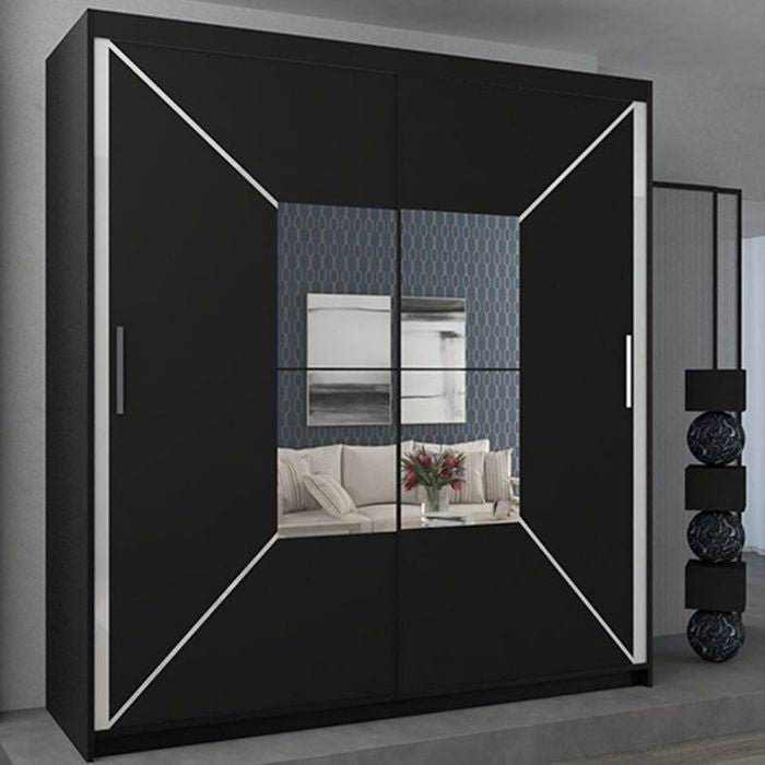 CHOICEWARDROBE Bartholomew 203cm black sliding door wardrobe with mirrored panels.